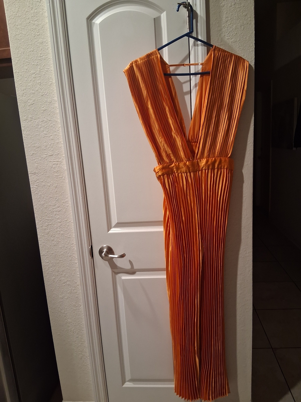 Orange Pleated V-Neck Jumpsuit